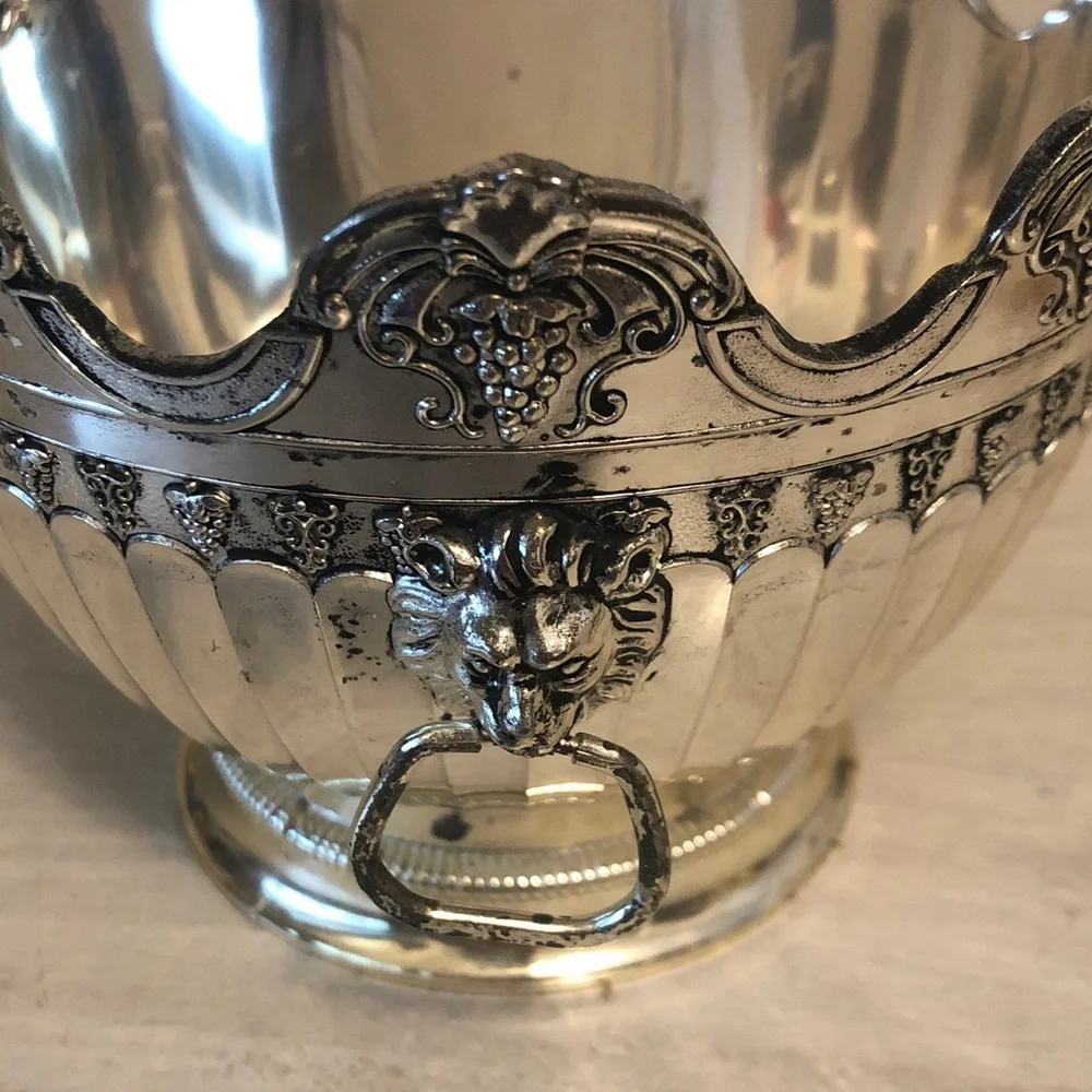 Vintage Silver Plate Ornate Monteith Bowl Lion Handles Gold Wash Interior Read